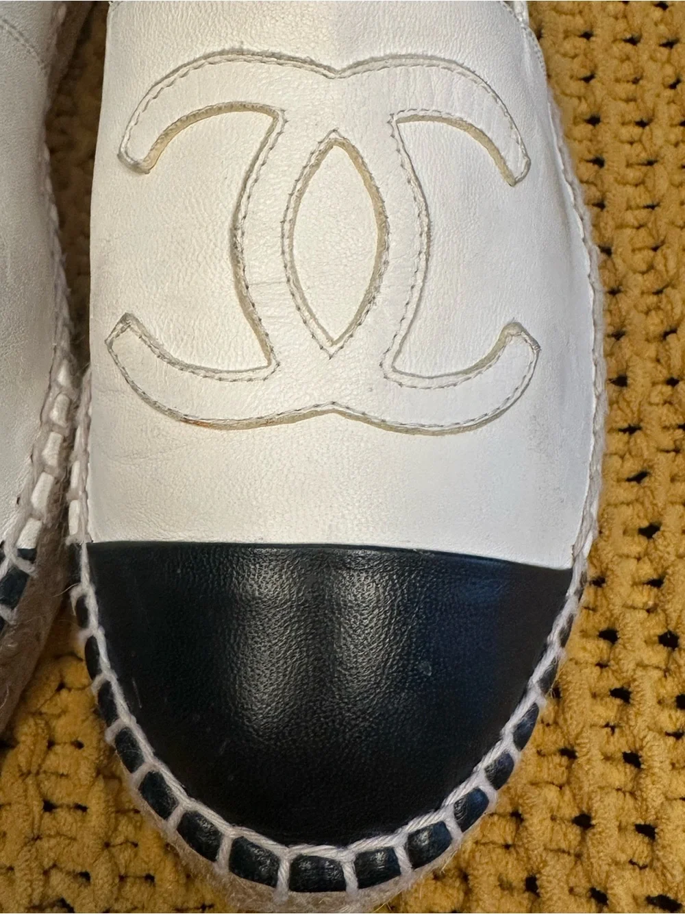 CHANEL Cream and Black Leather Espadrille Slip-Ons